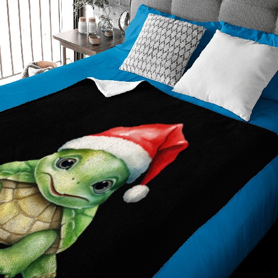cute green sea turtle wearing a Santa hat Baby Blankets