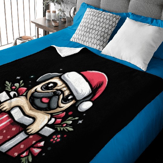 Pug In Present Dog Christmas Festive Santa Hat Baby Blankets