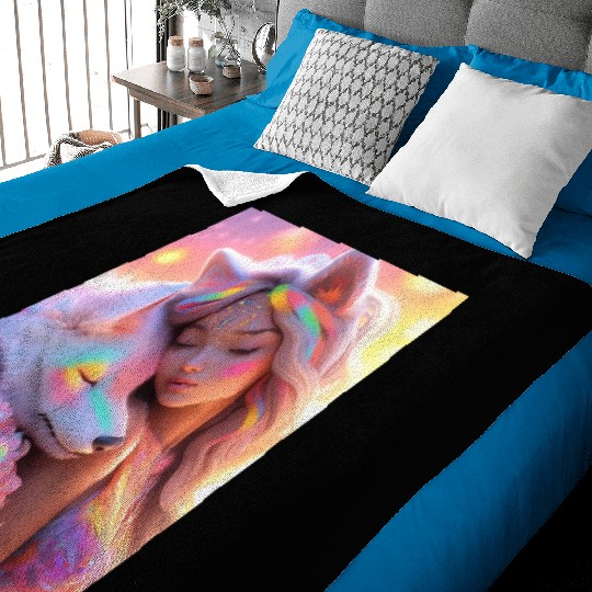 Rainbow Friends - White Wolf and Girl Baby Blankets