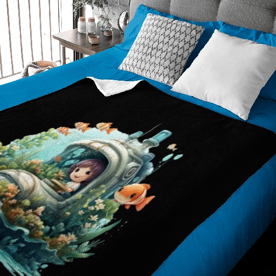 A delightful kawaii book submarine exploring Baby Blankets