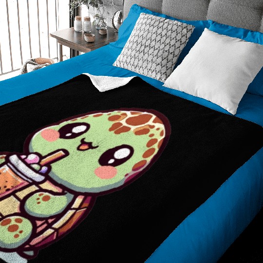 Kawaii Turtle Bubble Tea Lover Cute Sea Turtle Baby Blankets