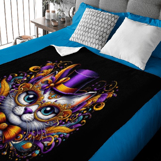 Mardi Gras cat with hat and glasses Baby Blankets