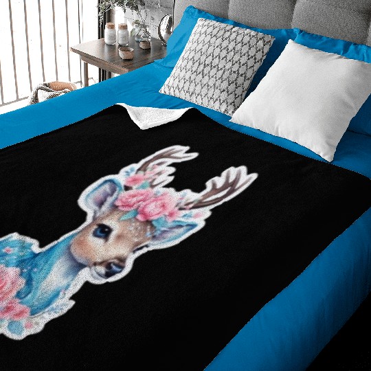 cute deer blue blossom pink rose Baby Blankets