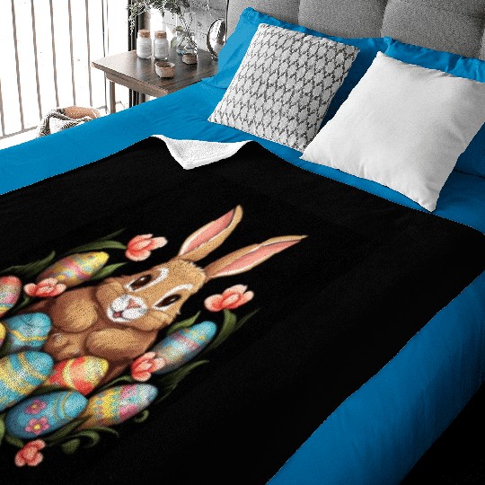 Easter Bunny Rabbit Colorful Eggs Easter Egg Hunt Baby Blankets