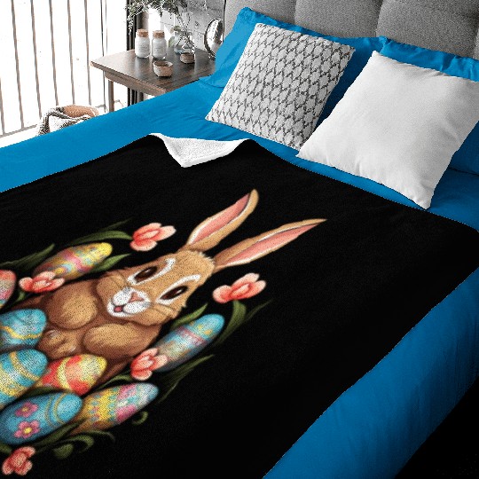 Easter Bunny Rabbit Colorful Eggs Easter Egg Hunt Baby Blankets
