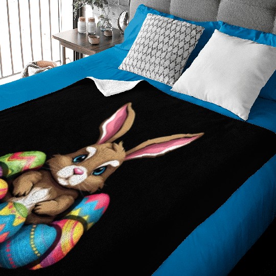 Easter Bunny Rabbit Colorful Eggs Easter Egg Hunt Baby Blankets