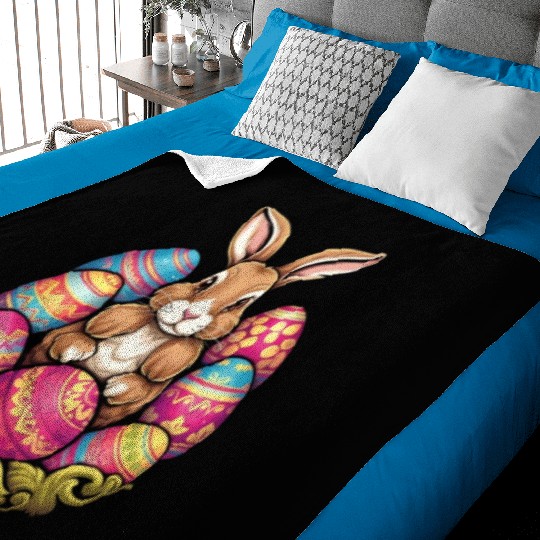 Easter Bunny Rabbit Colorful Eggs Easter Egg Hunt Baby Blankets