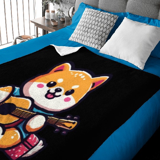 Cute Shiba Inu Playing Guitar Geek Cartoon Baby Blankets