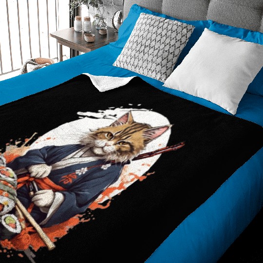 Cat Samurai Sushi Baby Blankets