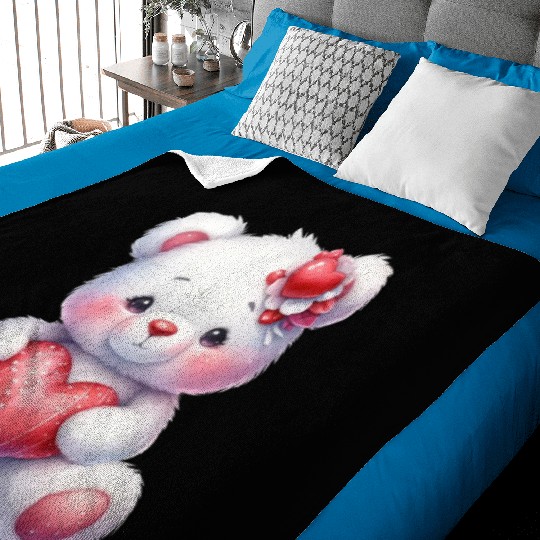 White Teddy Bear Love Valentine's Day Red Heart Baby Blankets