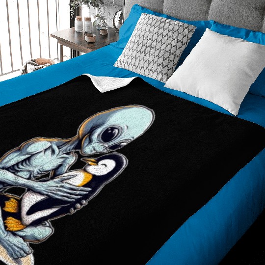 Alien Embracing Penguin Baby Blankets