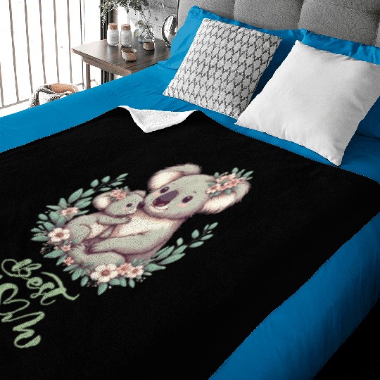 Best Mom Ever Koala Embrace Floral Wreath Baby Blankets