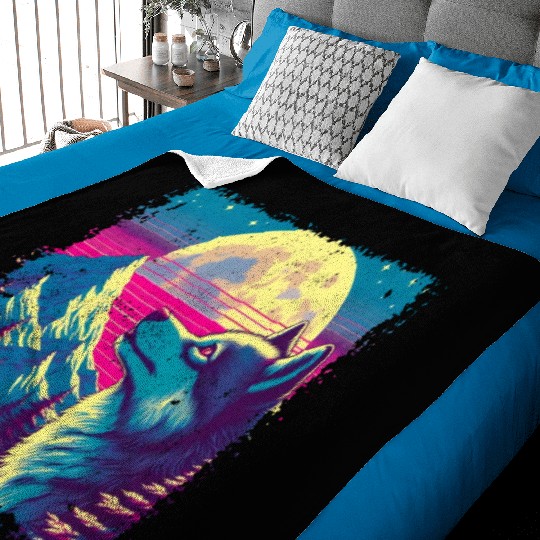 Retro Wolf Gazing at the Moon Baby Blankets