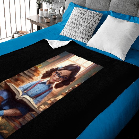 A sweet 5 year old girl wearing a light blue butto Baby Blankets