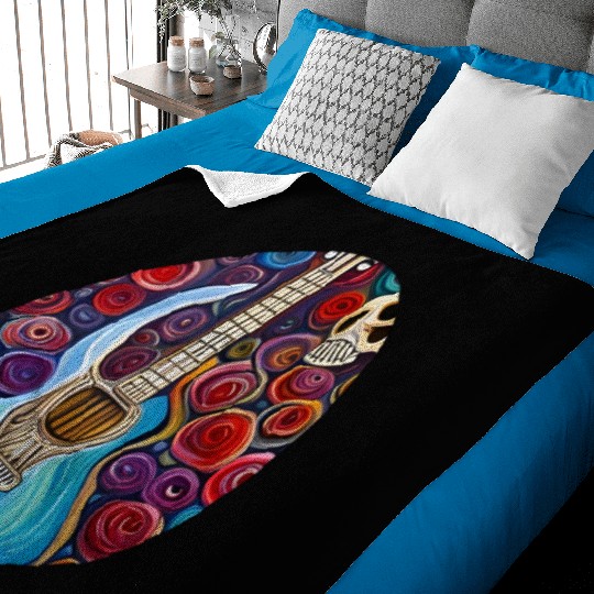 Blue Electric Guitar, Skull and Roses Baby Blankets