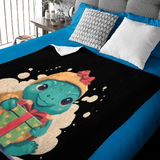 Cute Little Green Turtle Holding a Gift Baby Blankets