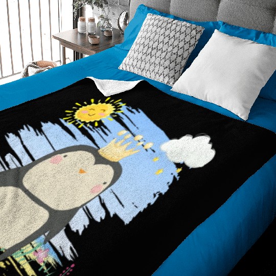 Kawaii King Penguin Using Crown Adorable Cartoon Baby Blankets