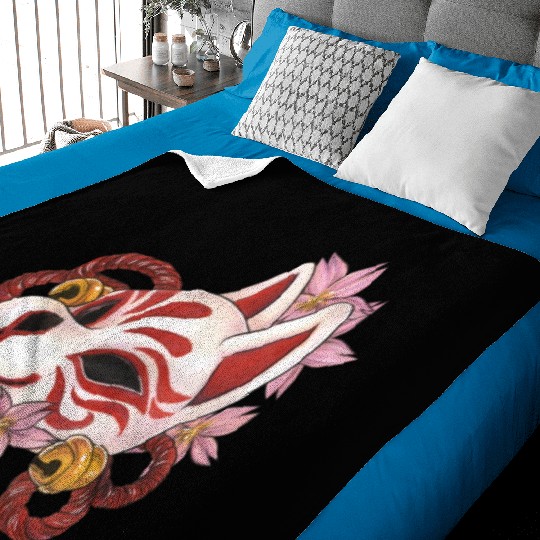 Great Kitsune Inari Kabuki mask with cherry blosso Baby Blankets