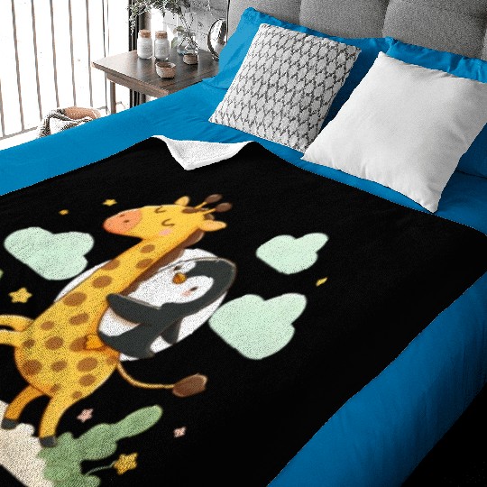 Penguin rides giraffe Baby Blankets