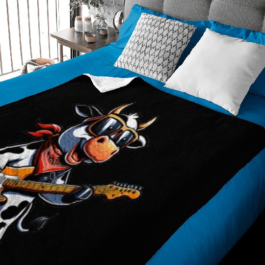 Cute Cow Playing Guitar Cows Musician Music Baby Blankets