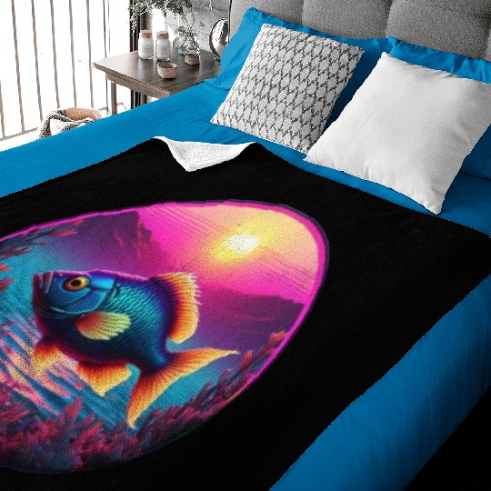 Synthwave Fish and Coral and a Sunset and Ocean Baby Blankets
