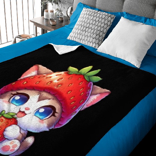 Cat with strawberry hat cute fruity quirky Baby Blankets