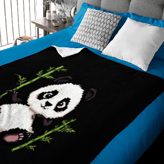 A pixel art of a panda with a bamboo leaf Baby Blankets