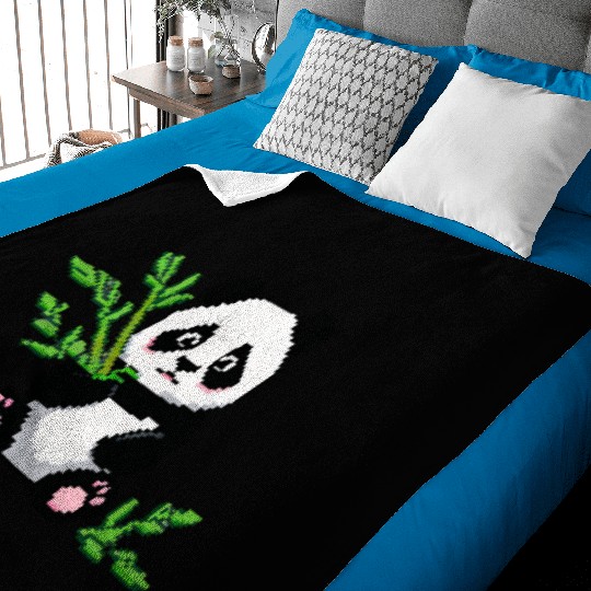 A pixel art of a panda with a bamboo leaf Baby Blankets
