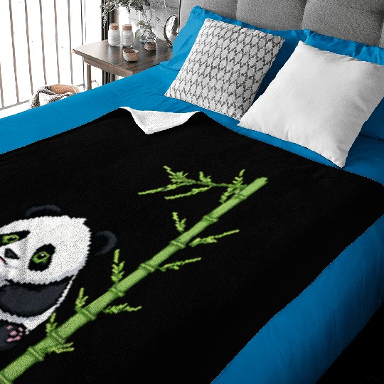 A pixel art of a panda with a bamboo leaf Baby Blankets