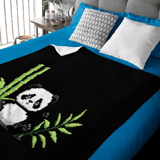 A pixel art of a panda with a bamboo leaf Baby Blankets