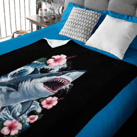 Fierce Shark Amidst Waves and Hibiscus Blooms Baby Blankets