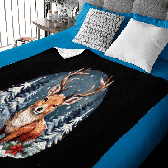 Christmas Deer with Poinsettia and Snow Baby Blankets
