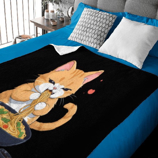 Funny Kawaii Cat Eating Ramen Noodles Japanese Baby Blankets