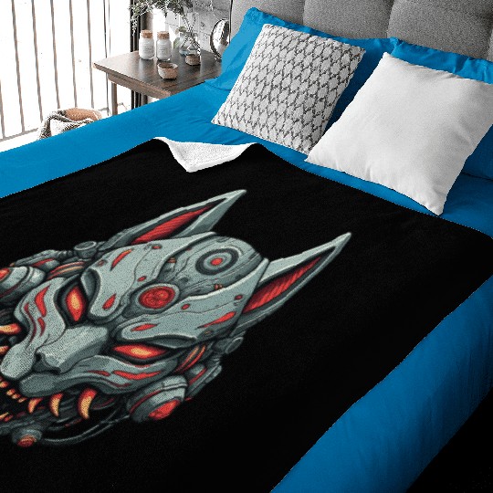 Kitsune Cyberpunk Mask: Mecha Robot Warrior Baby Blankets