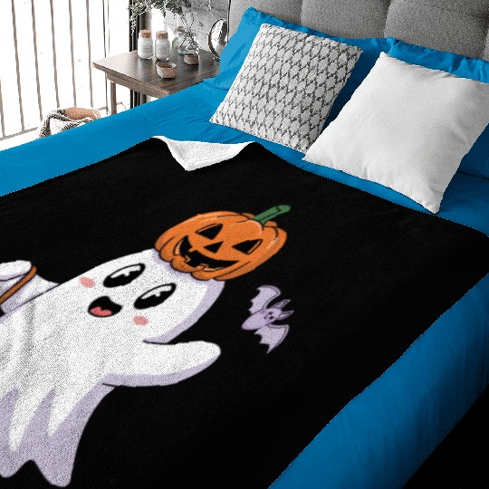 Cute Halloween Ghost with Pumpkin and Bat Baby Blankets