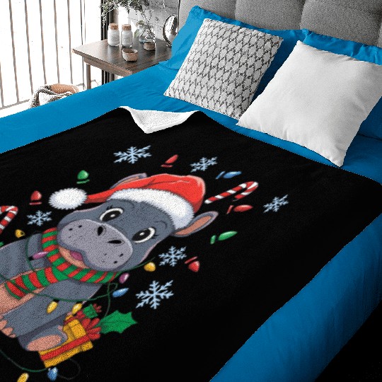 Cute Christmas Hippo - Holiday Lights and Gifts Baby Blankets