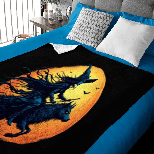 Halloween Witch Riding a Wolf Under Full Moon Baby Blankets