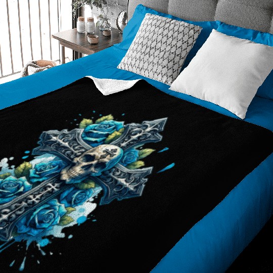 Gothic Collection - Cross, Skull & Blue Roses Baby Blankets