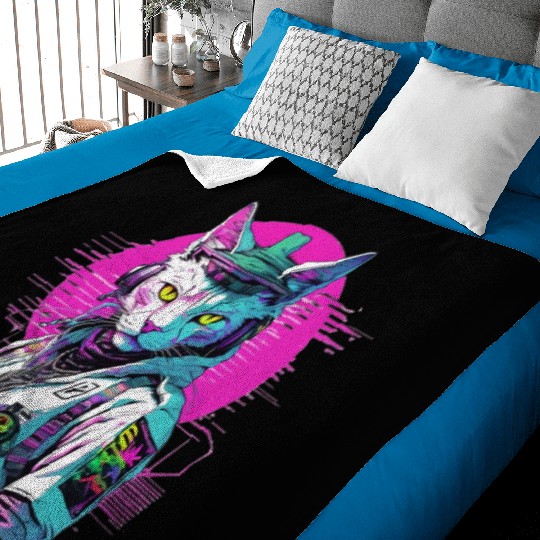 Neon Cyberpunk Warrior Cat Baby Blankets