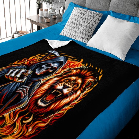 Hooded Skeleton and Roaring Lion in Fiery Flames Baby Blankets