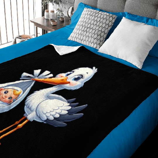 Adorable Stork with Newborn Baby Illustration - Baby Blankets