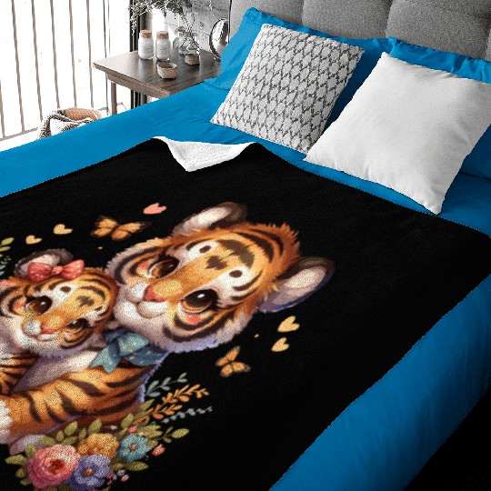 Adorable Tiger Cubs Surrounded by Butterflies and Baby Blankets