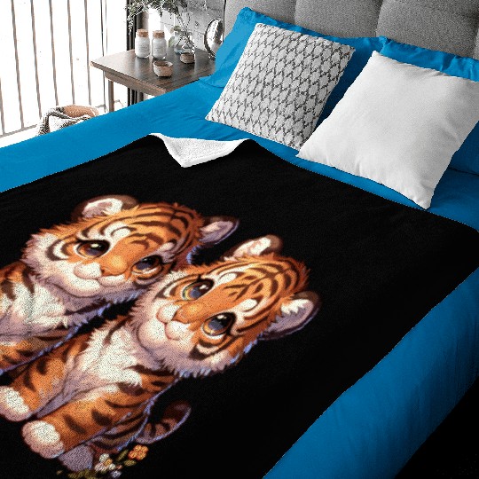 Adorable Twin Tiger Cubs Illustration with Flowers Baby Blankets