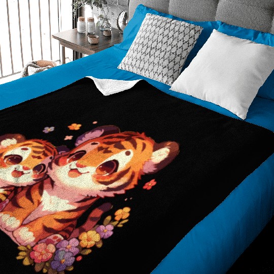 Adorable Tiger Cubs Surrounded By Flowers Baby Blankets