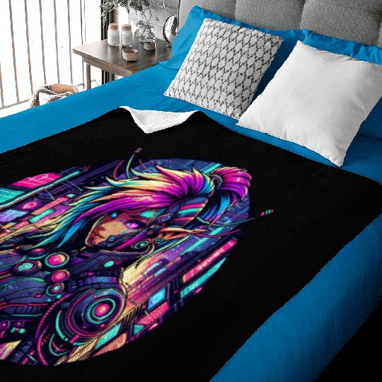Neon Cyberpunk Elf in Futuristic Cityscape Baby Blankets