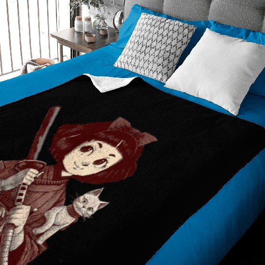 Chibi Samurai Warrior Cat Companion & Blossoms Baby Blankets