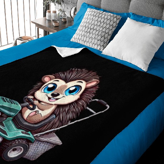 Hedgehog on Tractor Gardening Lawn Care Baby Blankets