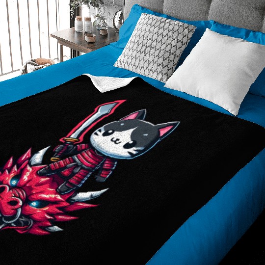 Samurai Cat with Sword on Dragon in Epic 3D Effect Baby Blankets