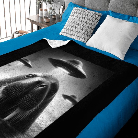 Walrus Sea lion Funny Graphic Selfie with UFOs Wei Baby Blankets