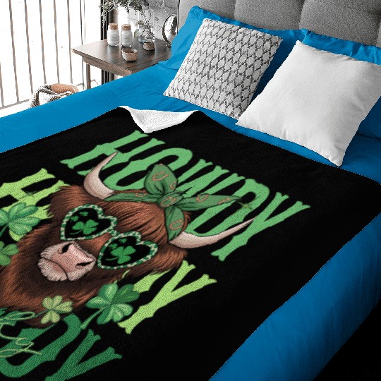 Howdy Howdy Lucky Highland Cow St Patricks Day Baby Blankets
